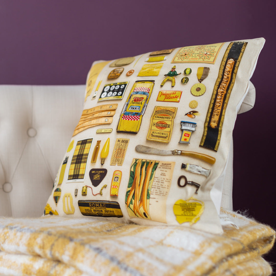Yellow Vintage Keepsake Patterned Cushion in 100% Organic Cotton