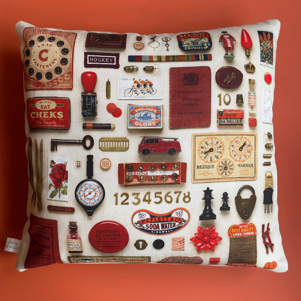 Red & Gold Vintage Keepsake Patterned Cushion in 100% Organic Cotton